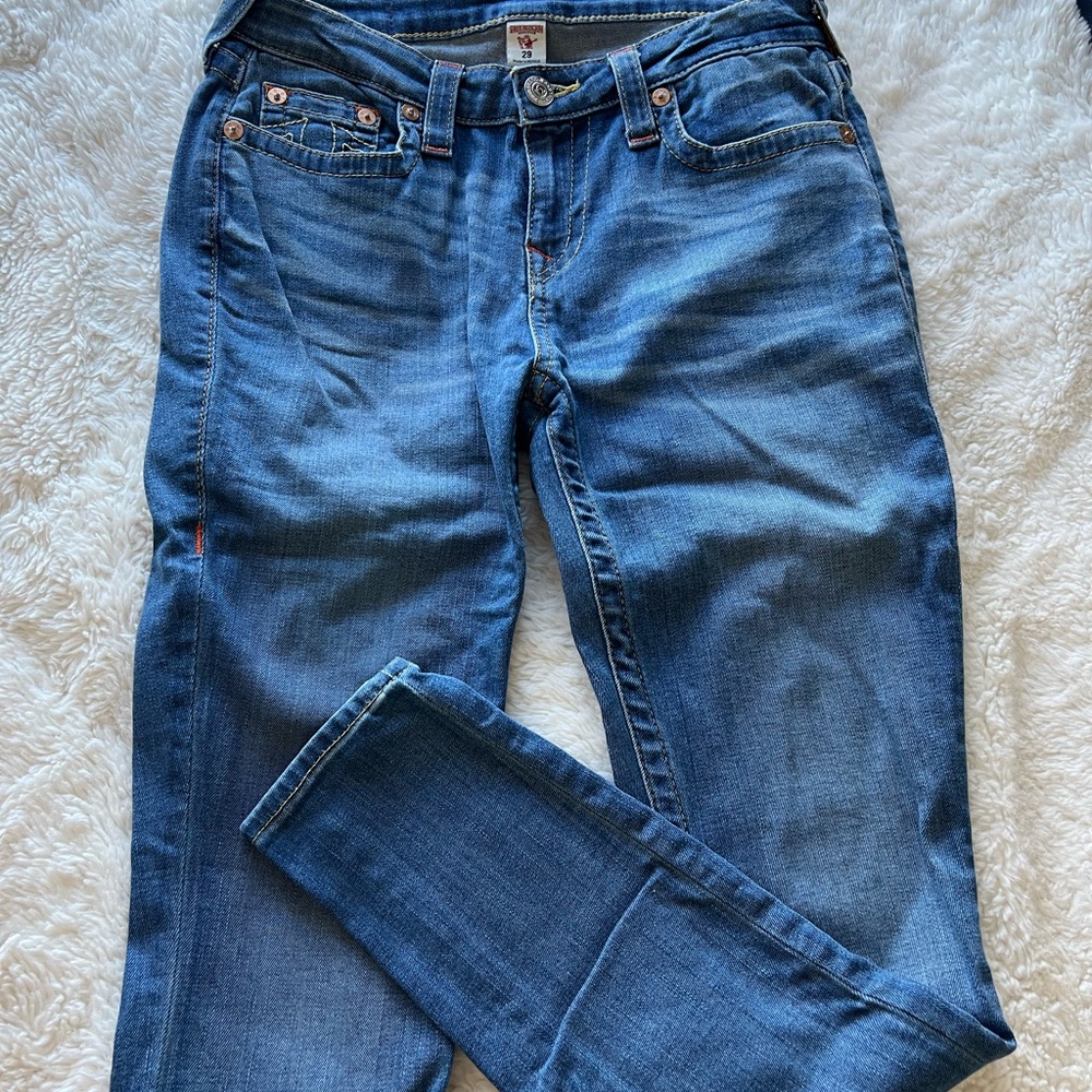 True Religion Women's Straight Leg Blue Jeans